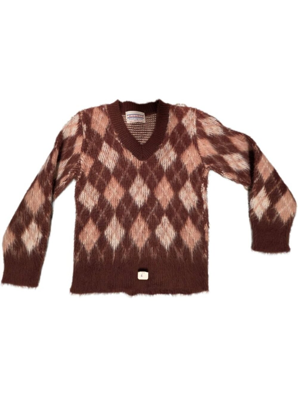 Vintage Deadstock Shaggy Argyle Sweater Kids Size 4 Grandpacore Brown Fuzzy Knit